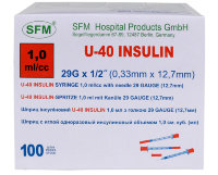 Шприц SFM ( 3-х комп.) 1 мл. инсулиновый U-40 с интегрированной иглой 0,33х12,7 ( 29G) Упаковка 100 шт.