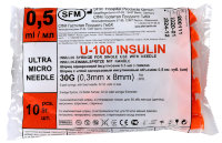 Шприц SFM ( 3-х компонентный) 0,5 мл. инсулиновый U-100 с интегрированной иглой 0,30х8 мм ( 30G)  Кол-во в упаковке: 10 шт. 