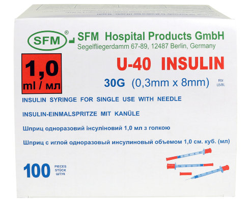 Шприц SFM ( 3-х комп) 1 мл. инсулиновый U-40 с интегрированной иглой 0,33х8 ( 30G)  Упаковка 100 шт. 